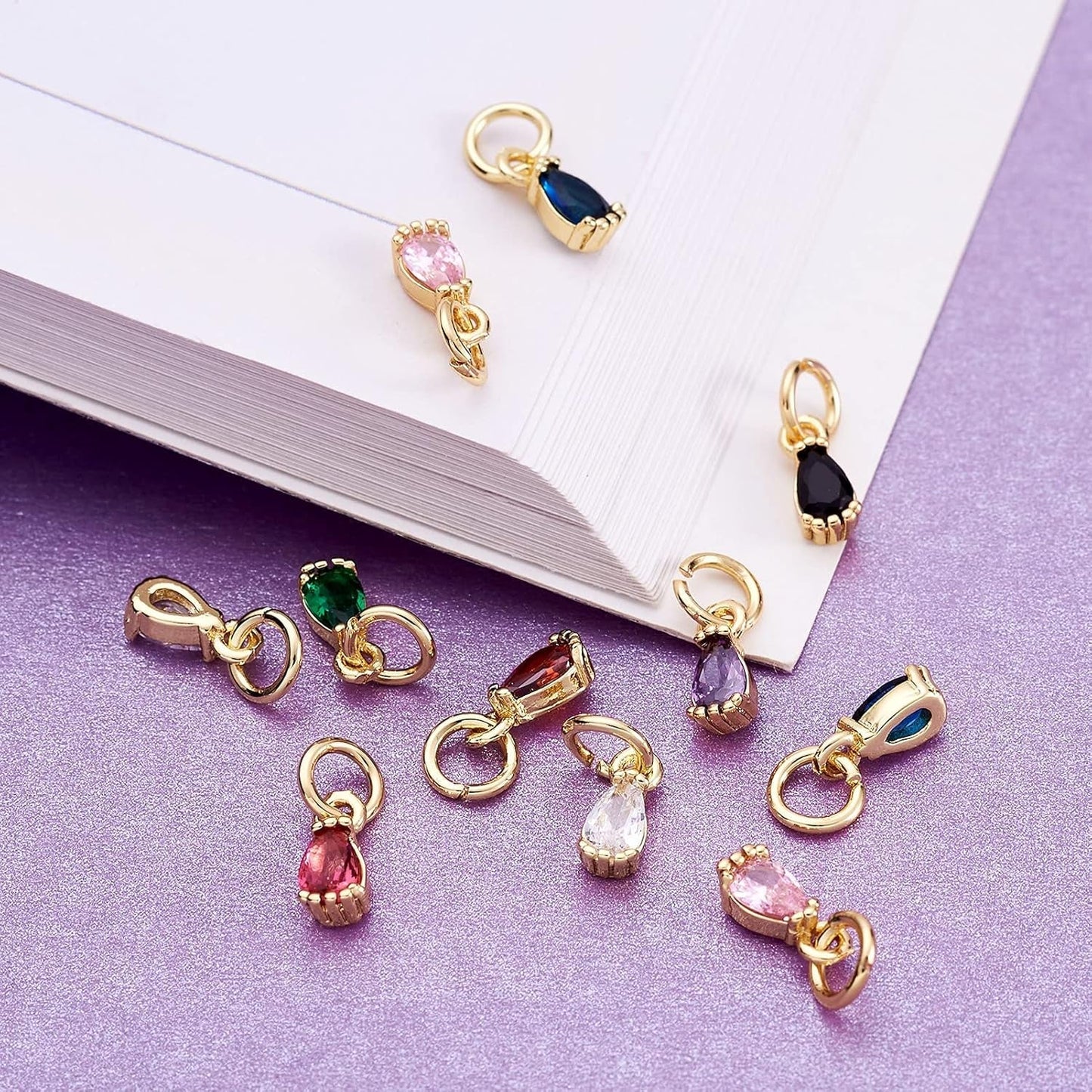 20Pcs Cubic Zirconia Mini Rhinestone Charms Brass Pave CZ Water Drop Extender End Charms Colorful 18K Gold Faceted Dangle Teardrop Birthstone Pendant Bulk with Loop for Jewelry Making 8X3Mm