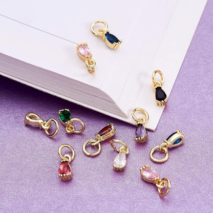 20Pcs Cubic Zirconia Mini Rhinestone Charms Brass Pave CZ Water Drop Extender End Charms Colorful 18K Gold Faceted Dangle Teardrop Birthstone Pendant Bulk with Loop for Jewelry Making 8X3Mm