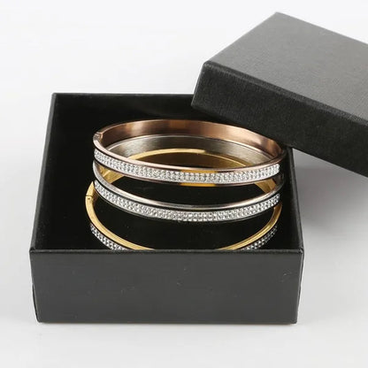 3 Colors Rose Gold Silver Two Row Crystal Rhinestone Pave Stainless Steel Bracelets Bangles for Women Girl Gifts