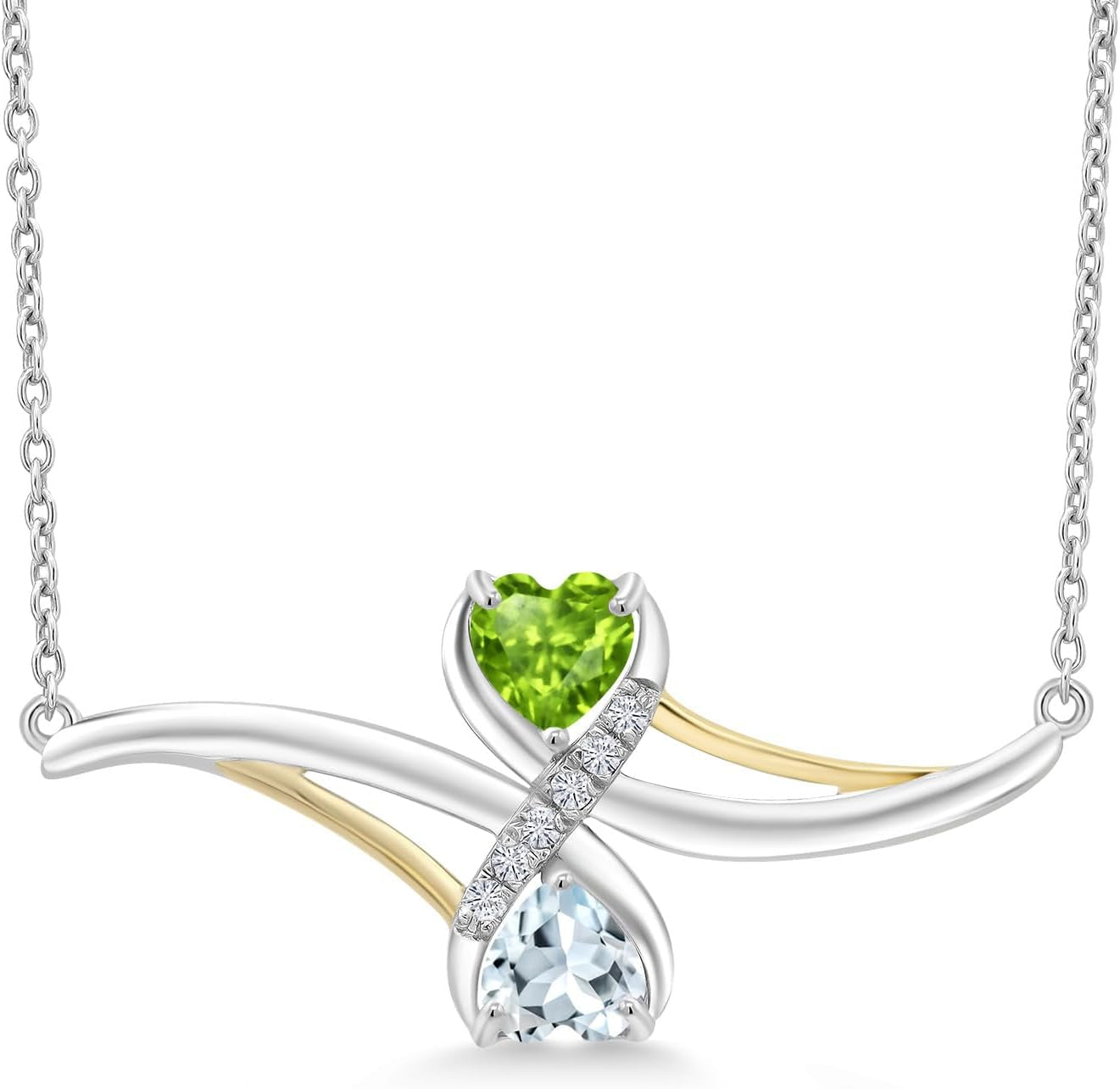 925 Sterling Silver and 10K Yellow Gold Green Peridot and Sky Blue Aquamarine Pendant Necklace for Women (0.98 Cttw, Gemstone Birthstone, with 18 Inch Chain)