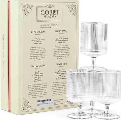 Vintage Art Deco Ribbed Goblet Cocktail Glasses with Stem | Set of 4 | 10 Oz Short Stemmed Crystal Tumblers for Drinking Classic Whiskey, Gin, Vodka Bar Drinks
