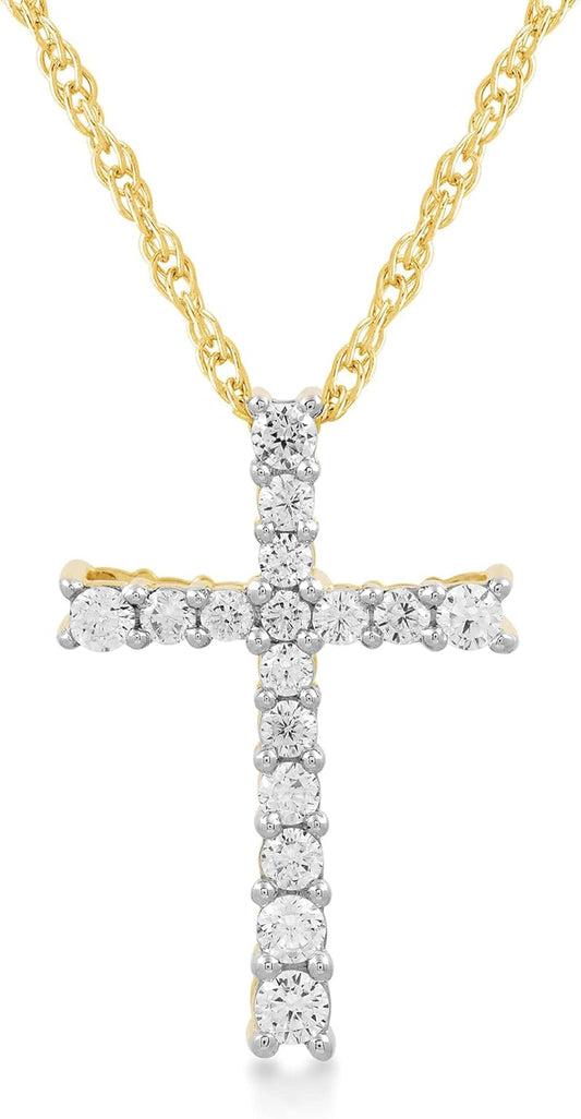 10K Yellow Gold Cross Pendant Necklace for Women | 1/2 CTTW Natural White round Diamonds | 18" Rope Chain | Luxury Jewelry with Gift Box | Timeless Fashion Jewelry Gift for Her