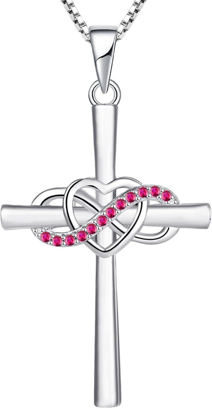 Cross Necklace Sterling Silver Infinity Heart Crucifix Pendant Birthstone Criss Jewelry for Women