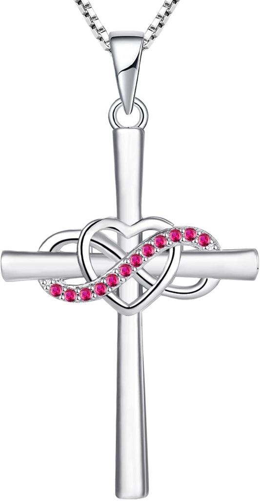 Cross Necklace Sterling Silver Infinity Heart Crucifix Pendant Birthstone Criss Jewelry for Women