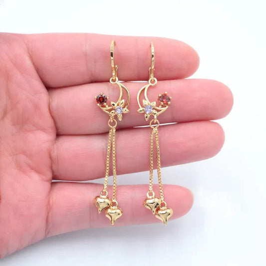 Women Multicolor Cubic Zirconia CZ Flower Moon Tassel Earrings