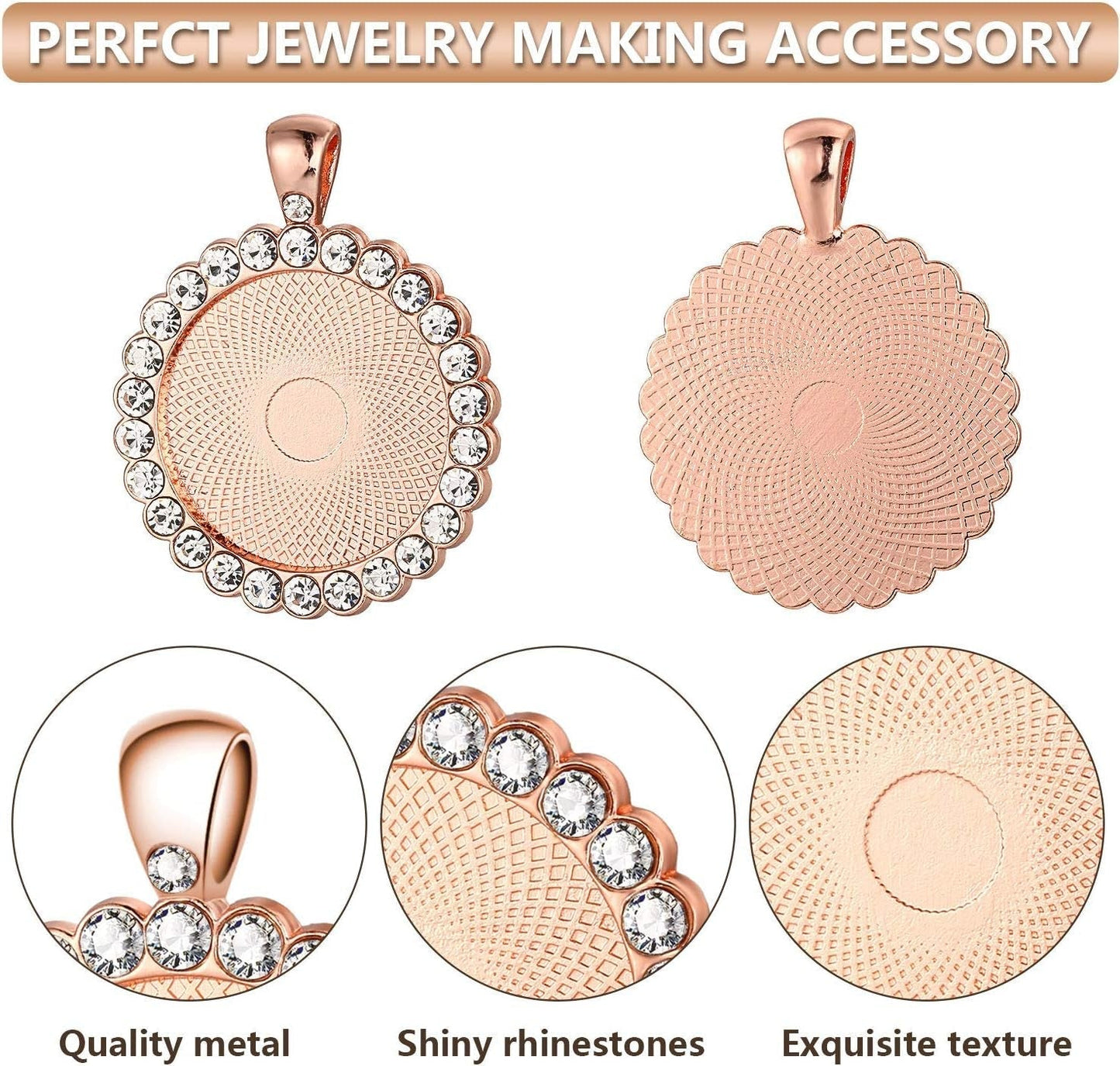 30 Pieces Rhinestone Bezel Pendant Trays Cabochon Pendant Setting Alloy with Clear Glass Cabochons for Photo Pendant DIY Jewelry Making, 3 Colors (Gold, Silver, Rose Gold)