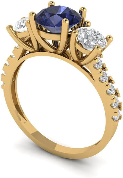 2 Ct round Cut Solitaire 3 Stone Genuine Simulated Blue Sapphire Engagement Promise Anniversary Bridal Ring 18K Yellow Gold