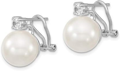 925 Sterling Silver White Imitation Shell Pearl Cubic Zirconia Omega Back Earrings Fine Jewelry for Women Gifts for Her (12-13Mm)