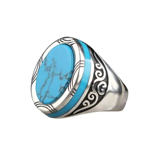 Luxury business men fashion 925 Sterling Silver Ring natural gem Turquoise Ring anniversary birthday gift European and American gentleman party ring high-grade jewelry - WORLD TIME VISITS