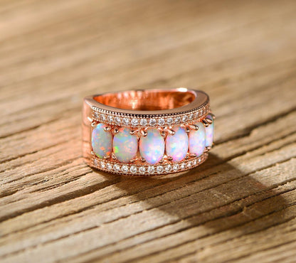 Oval-Cut Created White Opal & Cubic Zirconia Ring (Comes in Rose & White Gold Plated)