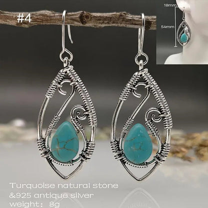 1Pair New Boho Ethnic Earrings for Women with Turquoise Gem Natural Stone Beads Earring Water Drop Hook Earring Vintage Jewelry