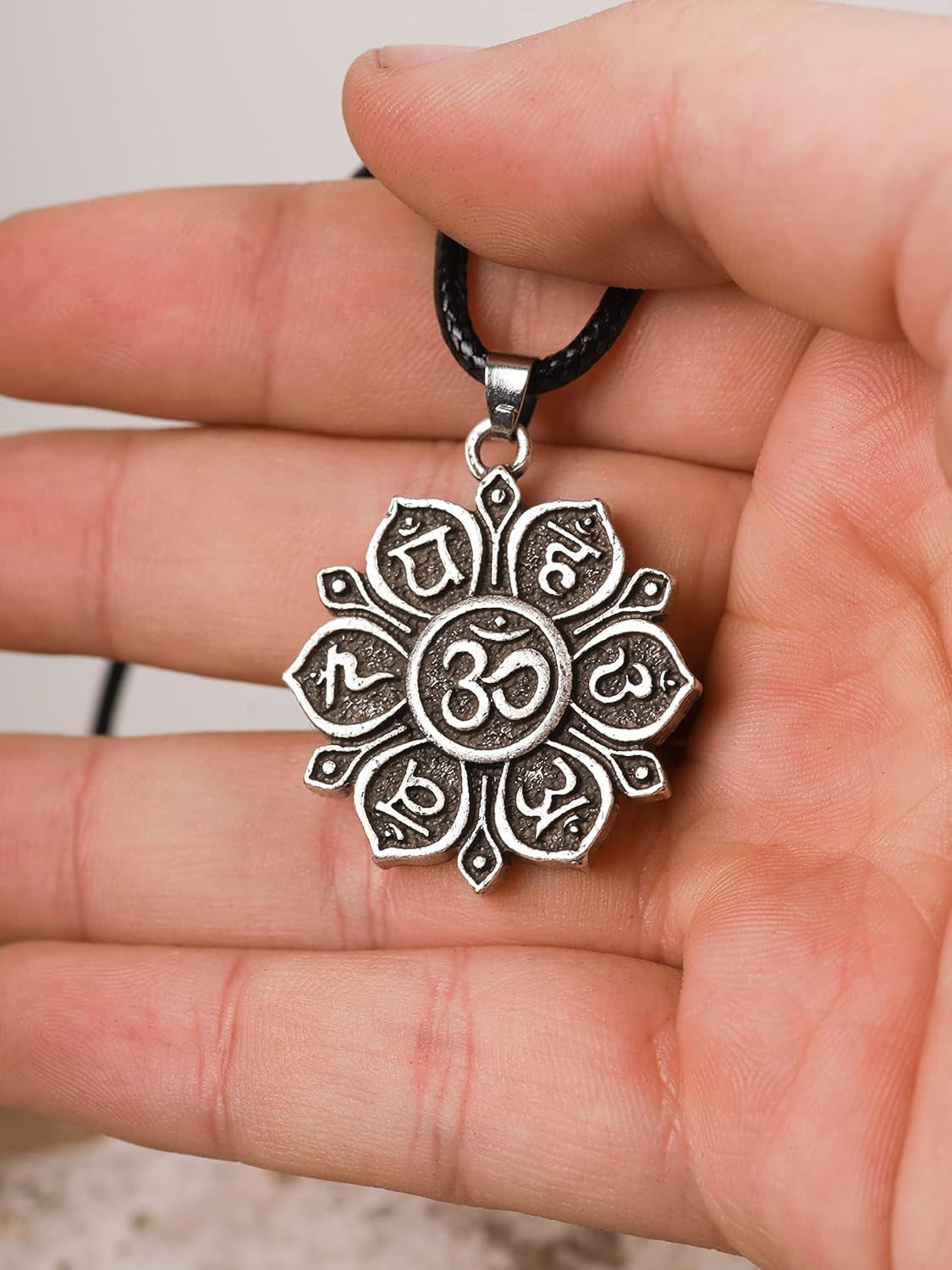Mandala Flower of Life Necklace, Buddhist Lotus Flower Om Mandala Pendant, Faux Leather Cord