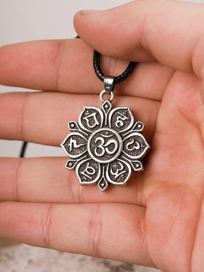 Mandala Flower of Life Necklace, Buddhist Lotus Flower Om Mandala Pendant, Faux Leather Cord