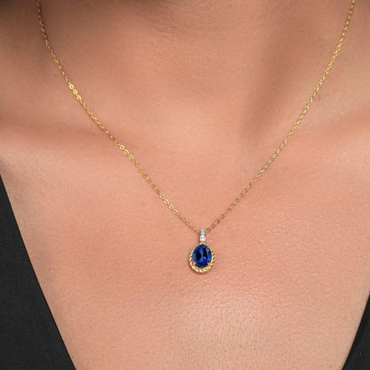 10K Yellow Gold 9X7MM Oval Gemstone Birthstone and White Diamond Pendant Necklace | Gold Necklace for Women | with 18 Inch Gold Chain