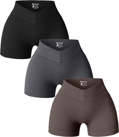 Women 3 Piece Yoga Shorts Ribbed V Shaped High Waist Workout Exercise Leggings Black Darkgrey Tea Leaf - WORLD TIME VISITS
