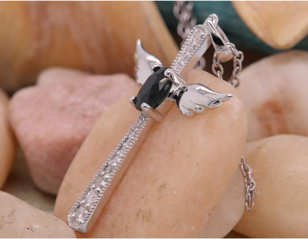 6X4 MM Oval Gemstone & round Diamond Angel Cross Pendant (Silver Chain Included), Sterling Silver