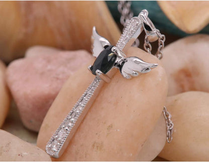 6X4 MM Oval Gemstone & round Diamond Angel Cross Pendant (Silver Chain Included), Sterling Silver