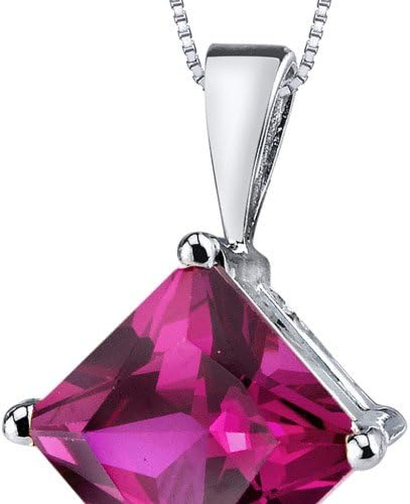 Created Ruby Pendant in 14 Karat White Gold, Classic Solitaire, Princess Cut, 8Mm, 3 Carats Total, Valentine'S Gift for Her, Wife, Sister, Women Gift Ideas W/Jewelry Box
