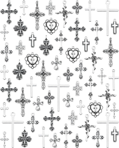 60 Pcs Antique Silver Cross Charms, Alloy Crucifix Pendant Connector for Bracelet Earrings Necklace Jewelry Making (15 Styles)