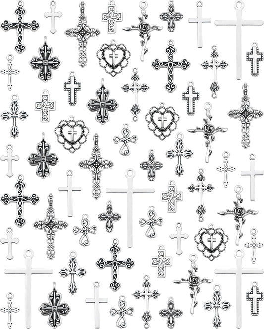 60 Pcs Antique Silver Cross Charms, Alloy Crucifix Pendant Connector for Bracelet Earrings Necklace Jewelry Making (15 Styles)