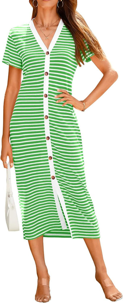 Women Casual Summer Dresses Short Sleeve Striped Midi Dresses Decorative Button Ribbed Knit Dresses Party Dresses