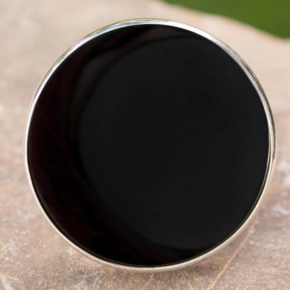 Artisan Handmade Obsidian Large Cocktail Ring Outsized Mexican 950 Fine Silver Black Mexico Taxco 'New Moon over Taxco'