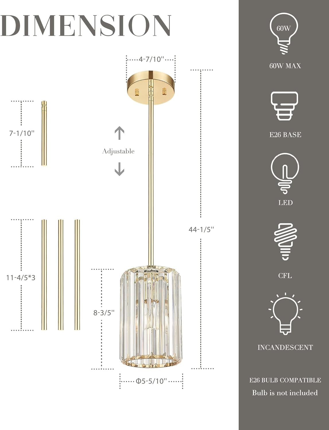 Crystal Pendant Light, Mini Chandelier with Gold Finish, Modern Hanging Light Fixture for Kitchen Dinning Room Bedroom, CKPL5510-1P-CG-B