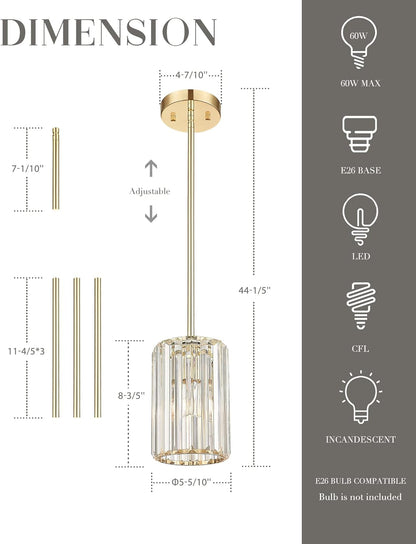 Crystal Pendant Light, Mini Chandelier with Gold Finish, Modern Hanging Light Fixture for Kitchen Dinning Room Bedroom, CKPL5510-1P-CG-B