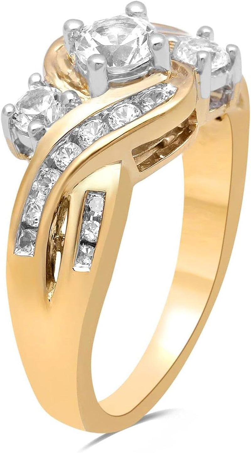 14K Yellow Gold over Sterling Silver 3 Stone round Created White Sapphire and Natural White round Diamond Accent Ring - WORLD TIME VISITS