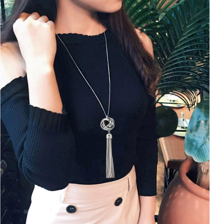 Long Tassel Necklace Silver Tone Lovely Knot Tassel Pendant Knot Snake Chain for Women