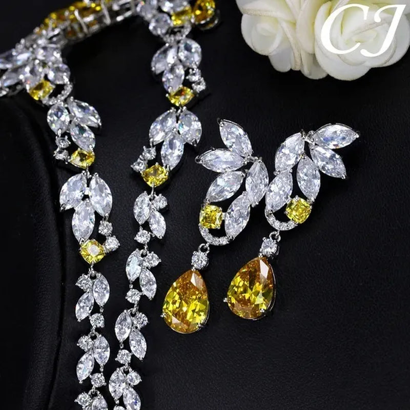 CANDICE Luxury CZ Stone Bridal Jewelry Pave High Quality Yellow Crystal Water Drop Earrings Necklace Wedding Party Set for Brides