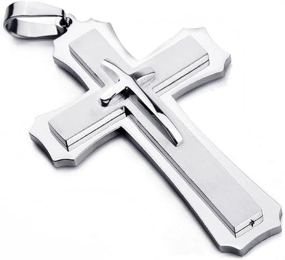 Mens Large Polished Stainless Steel Three Giant Cross Pendant Necklace Silver with 22 Inch Chain