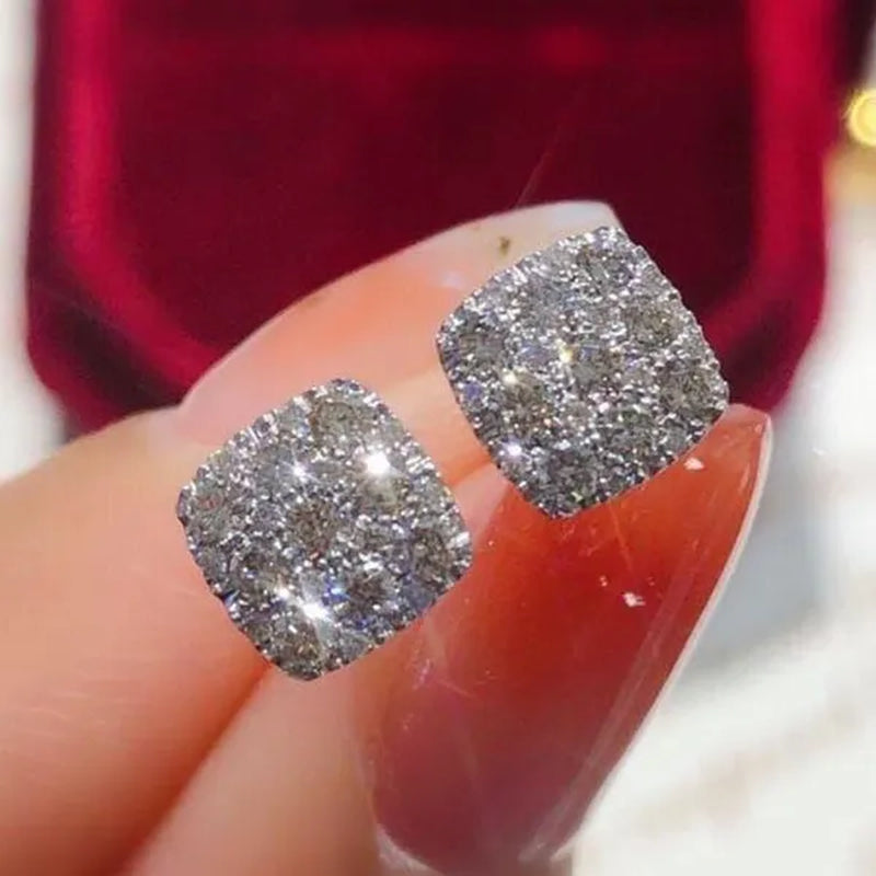 Necklace Earring Jewelry 925 Silver Micro Pave Diamond Square Pendant Necklace for Women Bridal Wedding Clavicle Necklace