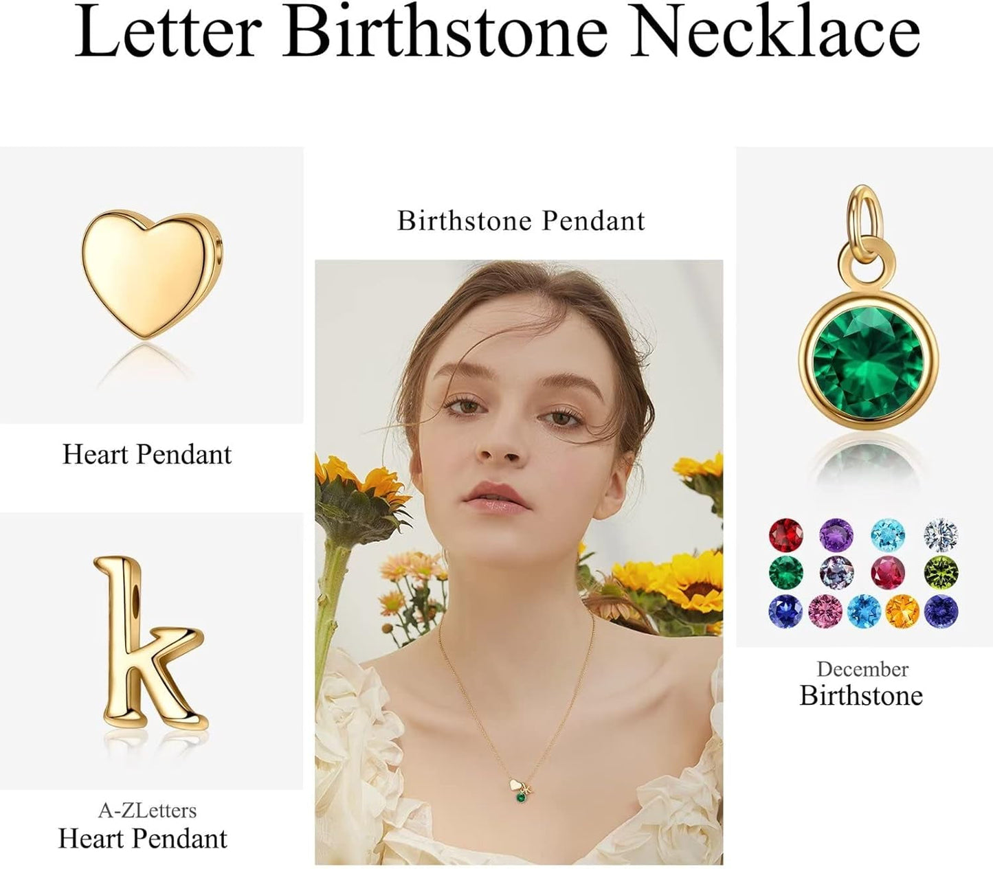 Initial Birthstone Necklace for Women, 14K Gold Plated Heart Initial Necklace Birthstone Necklace Heart Initial Birthstone Pendant Necklace Family Birthstone Necklace Birthday Gifts for Women