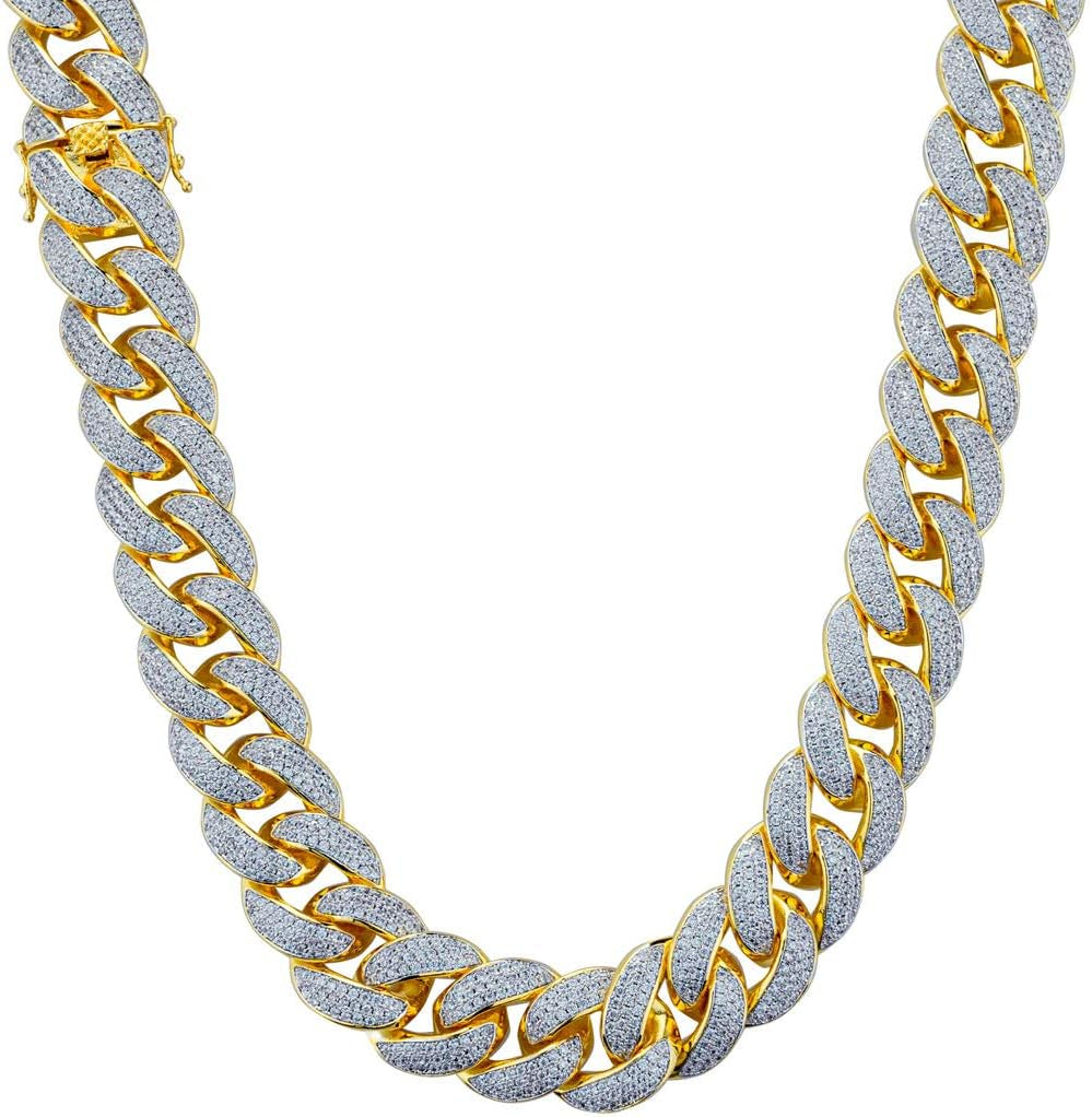 | Iced Lab Diamond Chain Necklace 3 Row Cubic Zirconia - Miami Cuban Link Chain for Men and Women | 18K Yellow Gold and White Gold Plated Choker Necklace - WORLD TIME VISITS