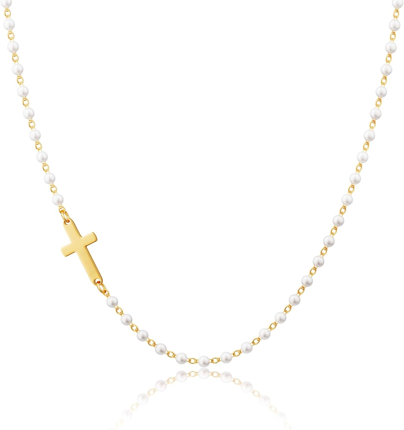 14K Gold Plated Cross Necklace for Women, Gold Pearl Necklace with Cross Pendant Dainty Cross Choker Necklace Trendy Faith Jewelry Religious Gifts - WORLD TIME VISITS