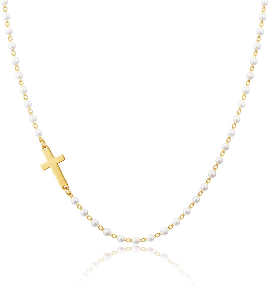 14K Gold Plated Cross Necklace for Women, Gold Pearl Necklace with Cross Pendant Dainty Cross Choker Necklace Trendy Faith Jewelry Religious Gifts - WORLD TIME VISITS
