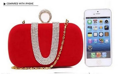 New 2014 Fashion Female Diamond U Shape Diamond Ring Velvet Evening Bag Luxury Finger Clutch Purse Wedding Party Bag with Chain