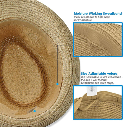 Straw Fedora Hat for Women Men Packable Short Brim Roll up Trilby Hat Panama Summer Beach Sun Hat UPF 50+