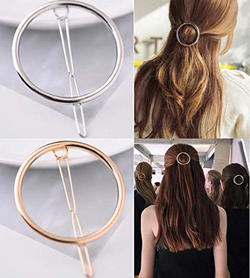 2 Pcs Minimalist Dainty Hollow Geometric round Circle Metal Hairpin Hair Clip for Women and Girls on Any Occasion (Gold & Silver)