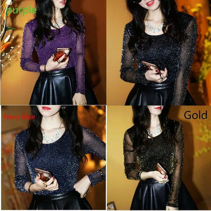 Korean new style sexy T-shirt Party Fashion New Wild Shiny Gold and Silver Mesh Yarn Round Neck Shirt Blouses