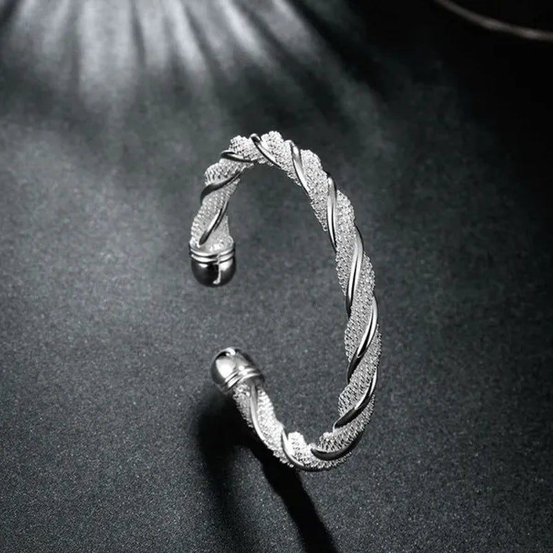 Fashion 925 Sterling Silver Cable Wire Twisted Cuff Bangle Bracelets Set for Women