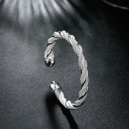 Fashion 925 Sterling Silver Cable Wire Twisted Cuff Bangle Bracelets Set for Women
