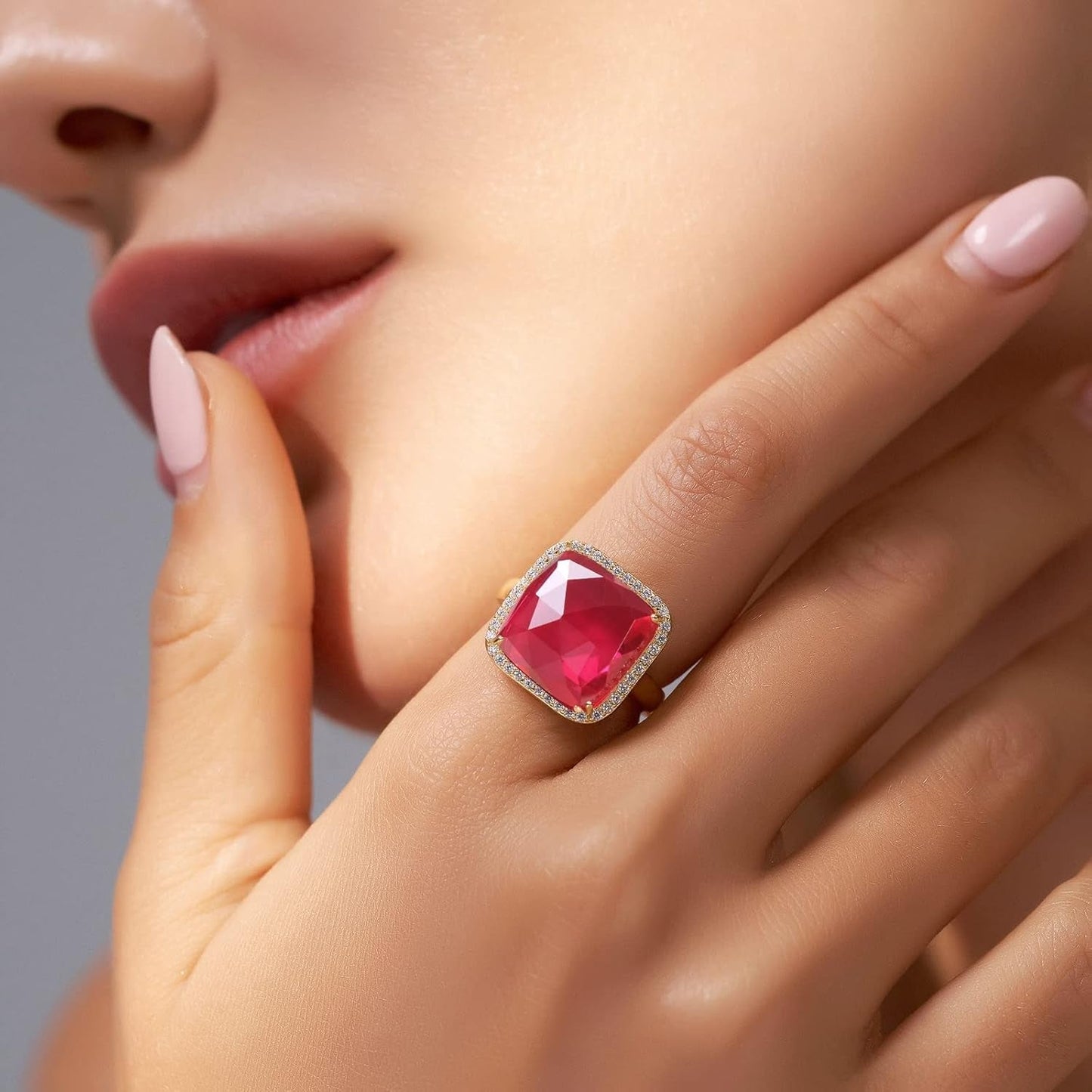 Natural Gemstone Rings, 14K Gold/Rhodium Plated Genuine Gemstone Square Ring with Zirconia for Women, Birthstone Rings Jewelry Gifts for Valentine'S Day, Birthday (Available 6,7,8,9)