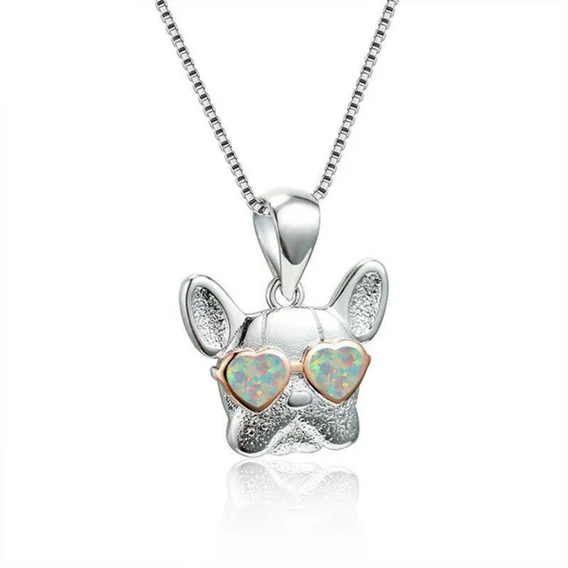Fashion 925 Silver Plated Cgold Dog Charm White Simulated Opal Pendant Necklace Wedding Jewelry