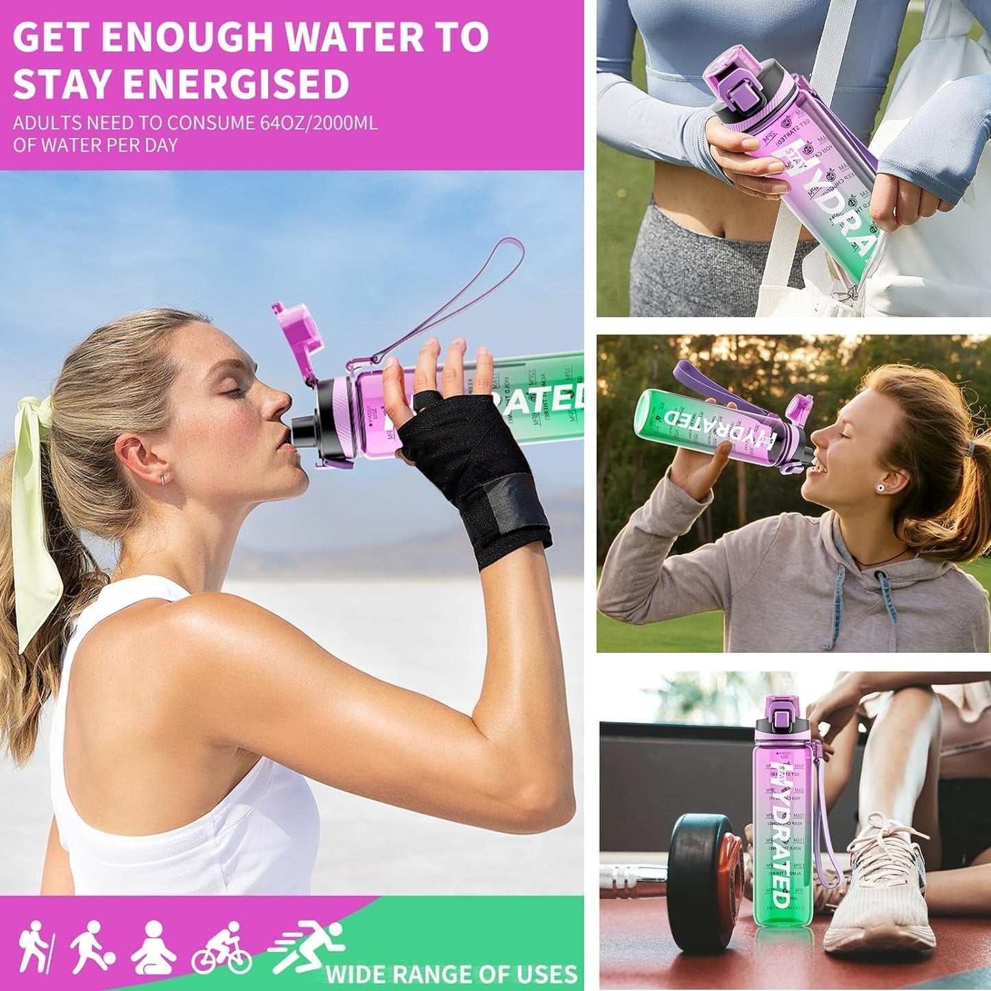 Water Bottle, 32 Oz Motivational Water Bottles with Time Marker-Tritan & BPA Free, Sports Water Bottle with Time to Drink & Strap, Wide Mouth, Leakproof -Gift for Christmas Gym Fitness & Outdoor