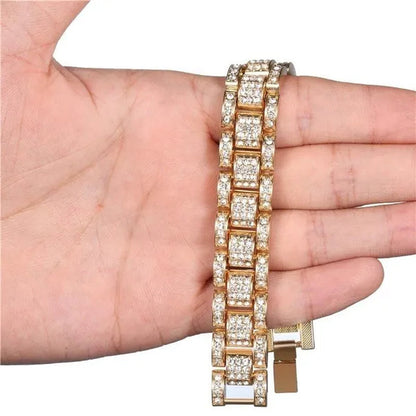 Fashion Men 24K Gold / 925 Silver Plated Solid Stainless Steel Bracelet Iced Diamond Link Chain Bracelet 8.26 Inch Gifts for Men