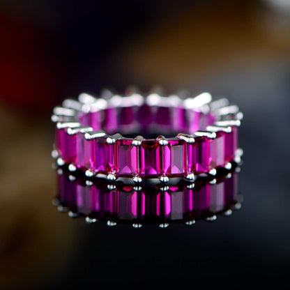 Emerald Cut Created Gemstone Eternity Ring, 18K White Gold Plated, 4 Grams, for Women