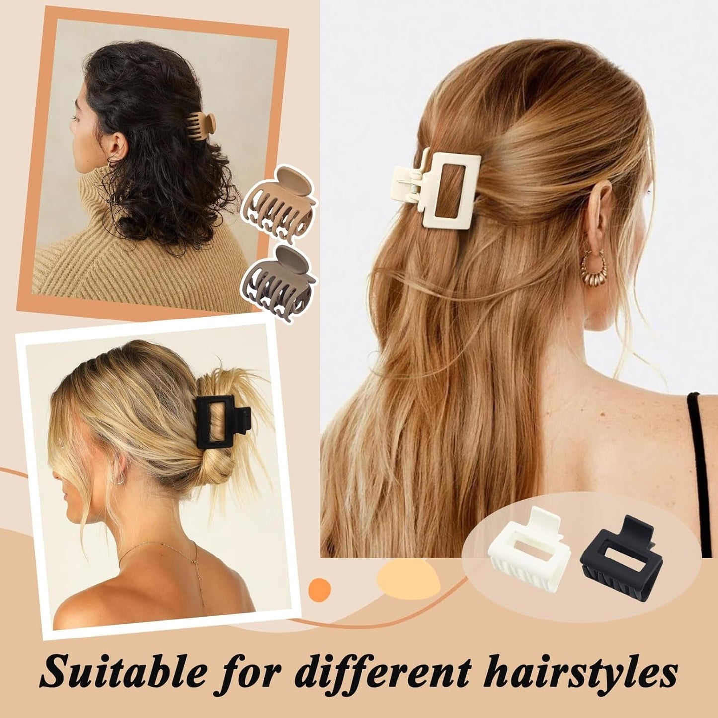 8 Pack Medium Small Hair Clips Set 2"" Rectangle and 1.6"" Double Row Teeth Hair Claw Clips for Thin Short Hair Matte Hair Clips Hair Accessories for Women Girls, Beige, Brown, Khaki, Black