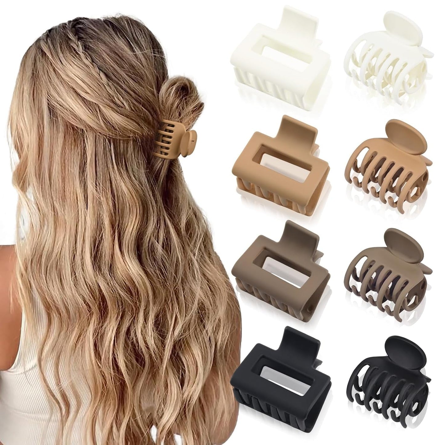 8 Pack Medium Small Hair Clips Set 2"" Rectangle and 1.6"" Double Row Teeth Hair Claw Clips for Thin Short Hair Matte Hair Clips Hair Accessories for Women Girls, Beige, Brown, Khaki, Black - WORLD TIME VISITS